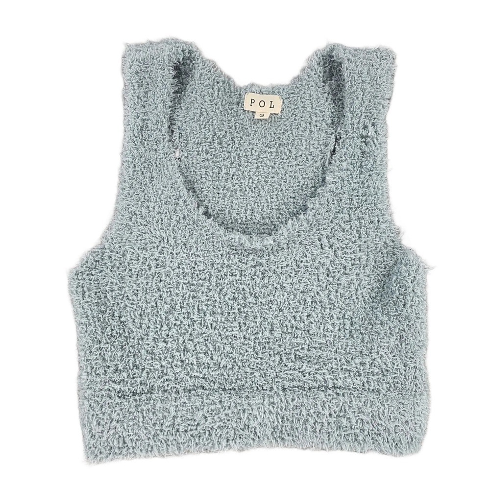 POL Fuzzy Knit Crop Wide Band Scoop Neck Tank Top Teal Small Women JP33 Coquette